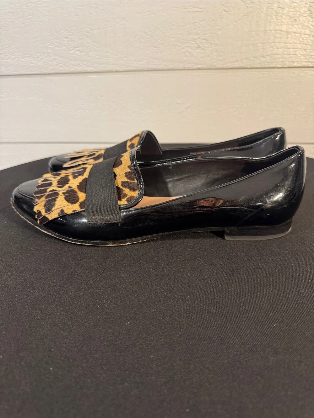 Kate Spade Black Patent Loafers with Leopard Fringe- 9 1/2